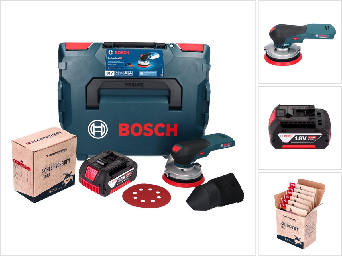 Bosch GEX 18V-125 Professional accu-excentrische schuurmachine 18 V 125 mm borstelloos + 1x accu 4,0 Ah + 1x Toolbrothers TURTLE schuurset + L-BOXX - zonder oplader