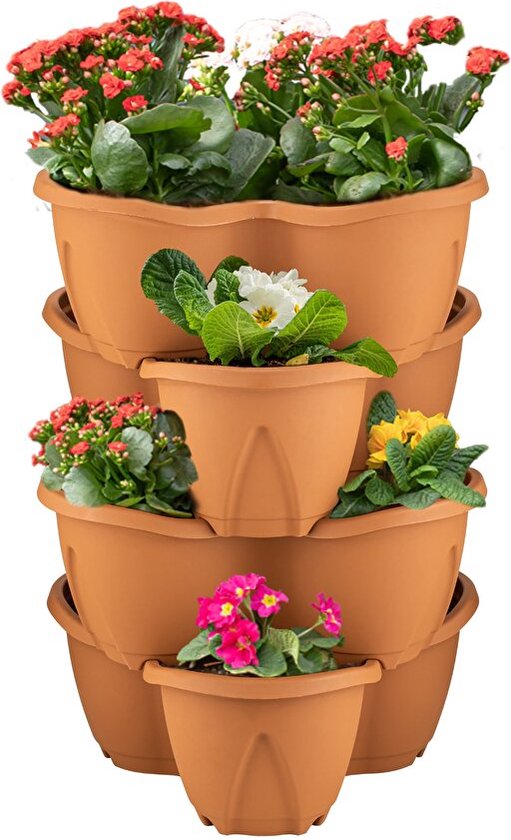 Stapelbare bloempotten - 4dlg modulaire - kruidenpotten - kunststof - terra cotta kleur