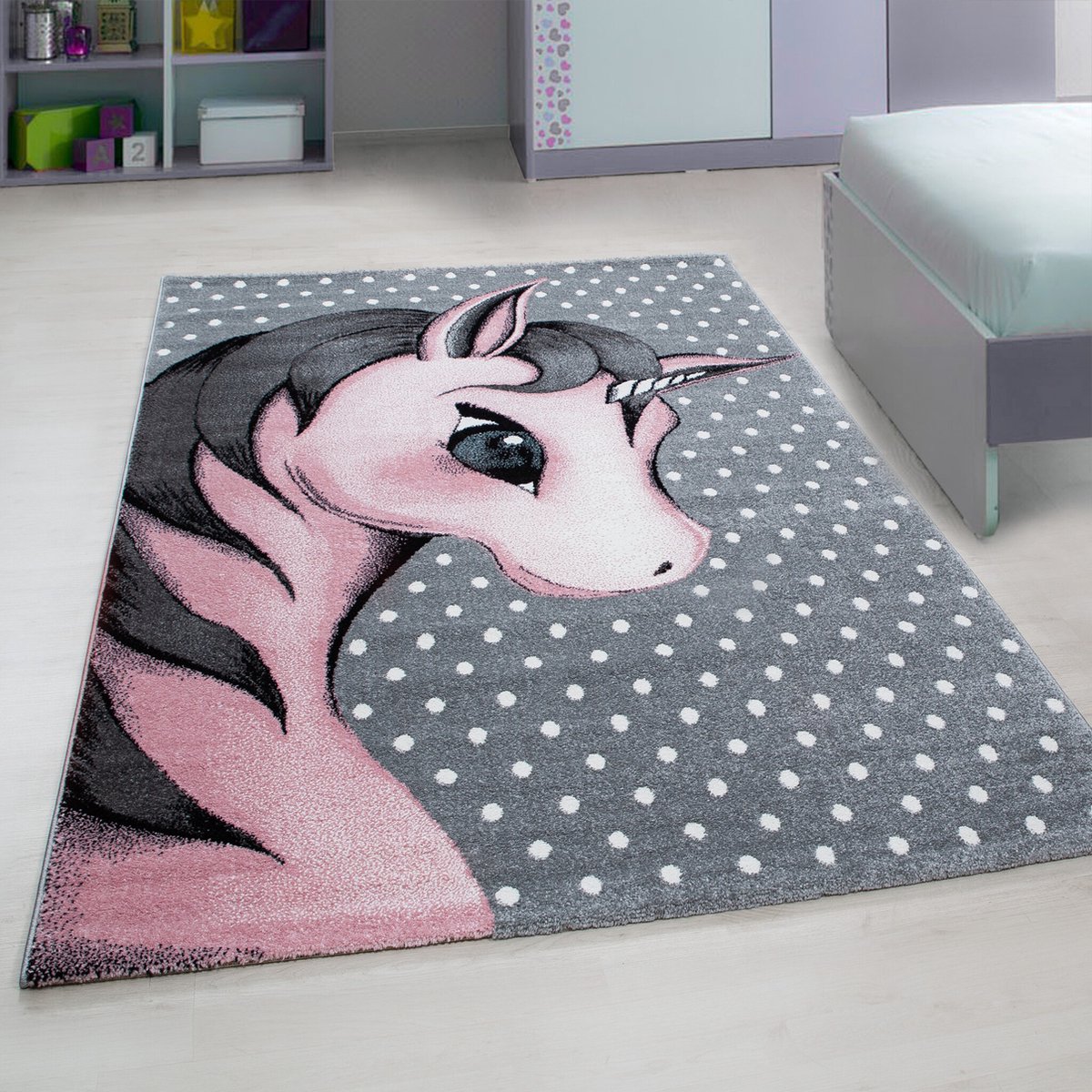 flycarpets Flycarpets - Kids Kinderkamer Eenhoorn Roze Vloerkleed - 160x230 cm Grijs