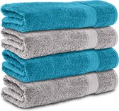 Komfortec handdoeken – Set van 4 - Badhanddoek 70x140 cm - 100% Katoen – Grijs&Turquoise