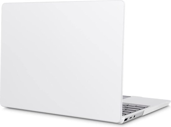 Ordinateur portable blanc fermé dans une housse transparente.