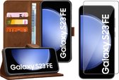 Hoesje geschikt voor Samsung Galaxy S23 FE - Screenprotector Glas - Portemonnee Book Case Bruin