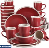 CasaVibe Luxe Serviesset – 32 delig – 8 persoons – Porselein - Bordenset – Dinner platen – Dessertborden - Kommen - Mokken - Set - Rood - Wit