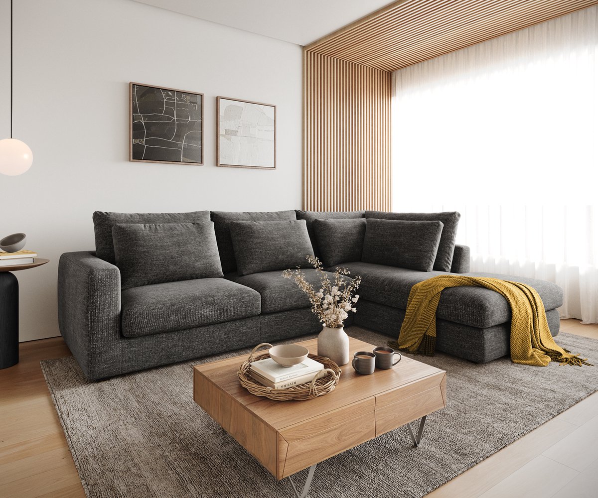 DELIFE Hoekbank Isla 330x225 cm Chenille antraciet voetenbank rechts Grijs