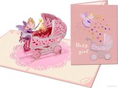 Popcards popupkaarten - Geboortekaart | Roze wiegje met lieve fee voor goede wensen baby girl geboorte pop-up kaart 3D wenskaart
