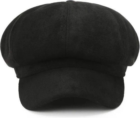 Zwarte suède baret met klep, gezien vanaf de voorkant.