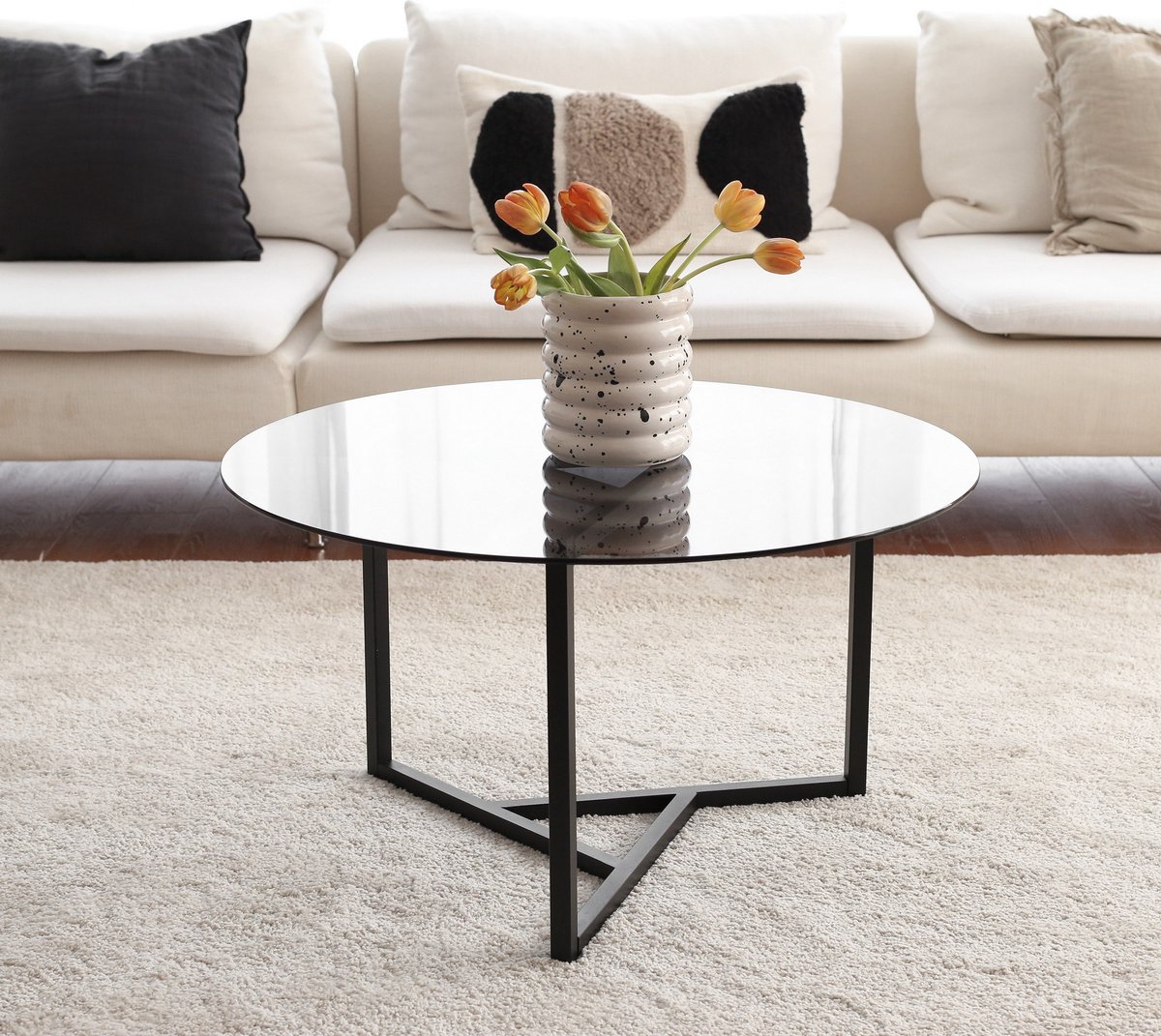 Skye Decor Moderne ronde salontafel glas - zwart - gerookt glas - 75x42x75cm - metaal