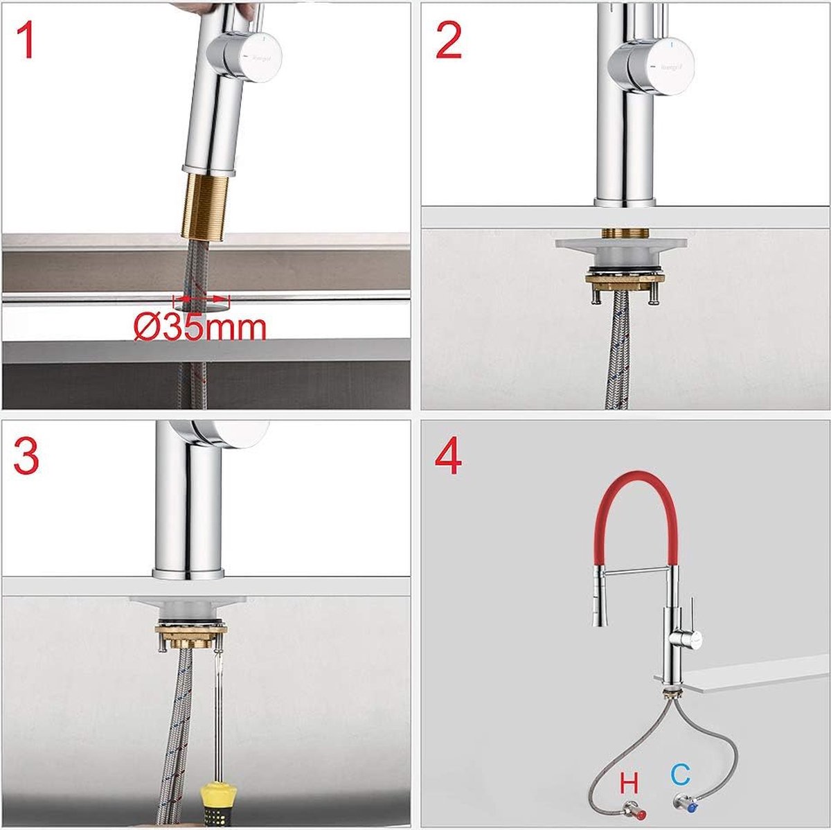 Professionele keukenkraan met douche, keukenkraan met rode flexibele