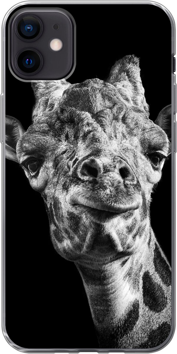 Telefoonhoesje Geschikt voor iPhone 12 mini hoesje - Giraffe - Dier - Zwart - Wit - Siliconen Telefoonhoesje Telefoonhoesje