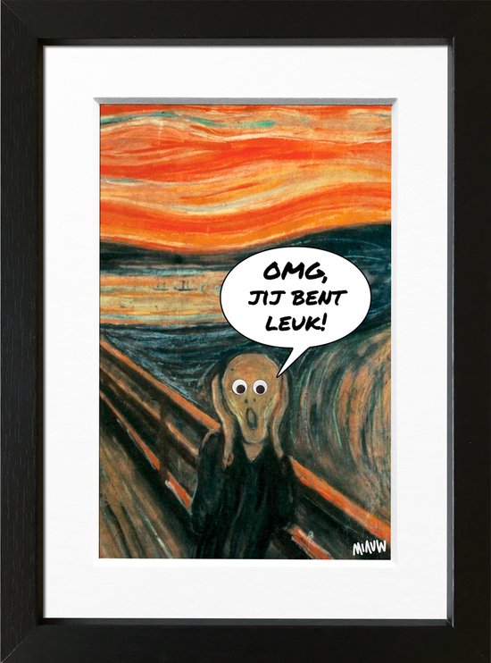 Verliefd cadeautje De Schreeuw van Munch - "OMG, Jij bent leuk!" - ingelijst 15x20cm - gesigneerd passe-partout