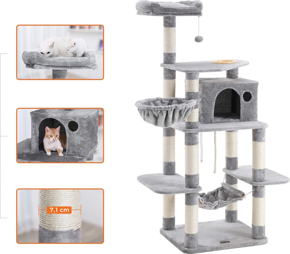 Feandrea Krabpaal voor katten, hoogte 143 cm, speeltoren, met 4 krabpalen, 2 platforms, 1 nis, 1 Feandrea Krabpaal voor katten, hoogte 143 cm, speeltoren, met 4 krabpalen, 2 platforms, 1 nis, 1
