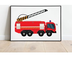 Brandweerauto fotolijst met glas 40 x 50 cm - Prachtige kwaliteit - Kinderkamer - Tekening - Brandweer - Harde lijst - Glazen plaat - inclusief ophangsysteem - Grappige Poster - Foto op hoge kwaliteit uitgeprint