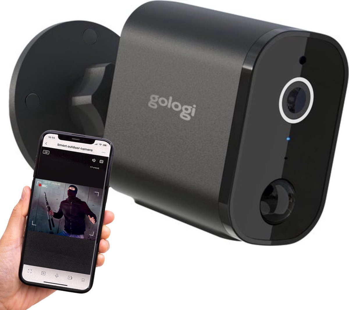 Gologi Draadloze camera op accu - Beveiligingscamera - Met nachtzicht - Wifi camera - Security camera - Oplaadbaar - Nederlandstalige app - 32GB SD-kaart - Zwart