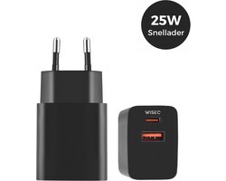 USB C snellader 25W – 2 poorten oplader – adapter universeel – geschikt voor Samsung, Huawei en iPhone – zwart – WiseQ