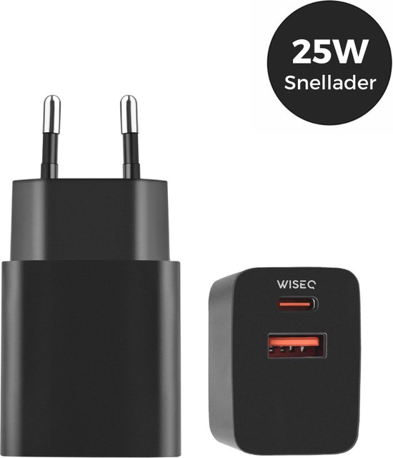 USB C snellader 25W – 2 poorten oplader – adapter universeel – geschikt voor Samsung, Huawei en iPhone – zwart – WiseQ