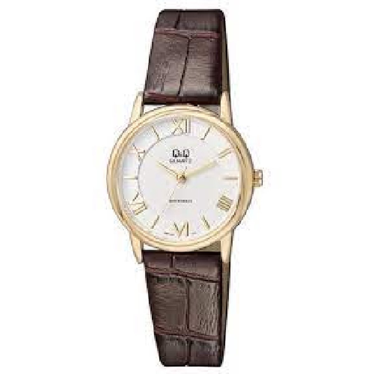 QQ-q897j107-dameshorloge-bruin leder-goudkleurig-Romeinse cijfers-3 bar waterdicht-diameter 30 mm