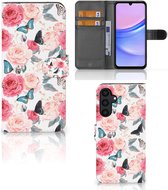 Smartphone Hoesje Geschikt voor Samsung Galaxy A15 Flipcase Cadeautjes voor Moederdag Butterfly Roses