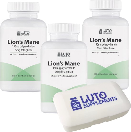 Lion's Mane Triple verpakking + Pillbox - 1000mg per dosering - Superfood - Vegan - 180 Capsules - Pruikzwam / Hericium erinaceus - 30% polysaccharide - Geheugen & Concentratie* - Paddenstoelen Extract - Luto Supplements