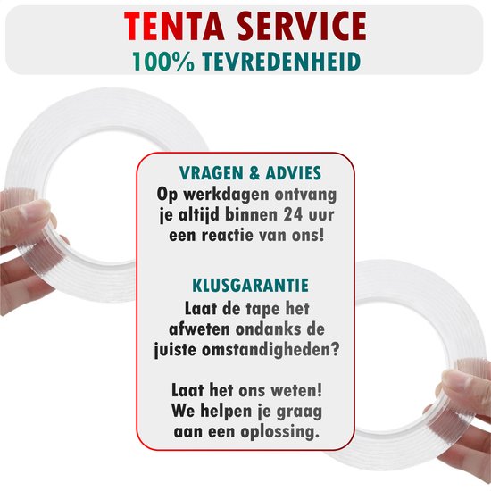 Twee rollen dubbelzijdige tape, met tekst over vragen, advies en garantie.