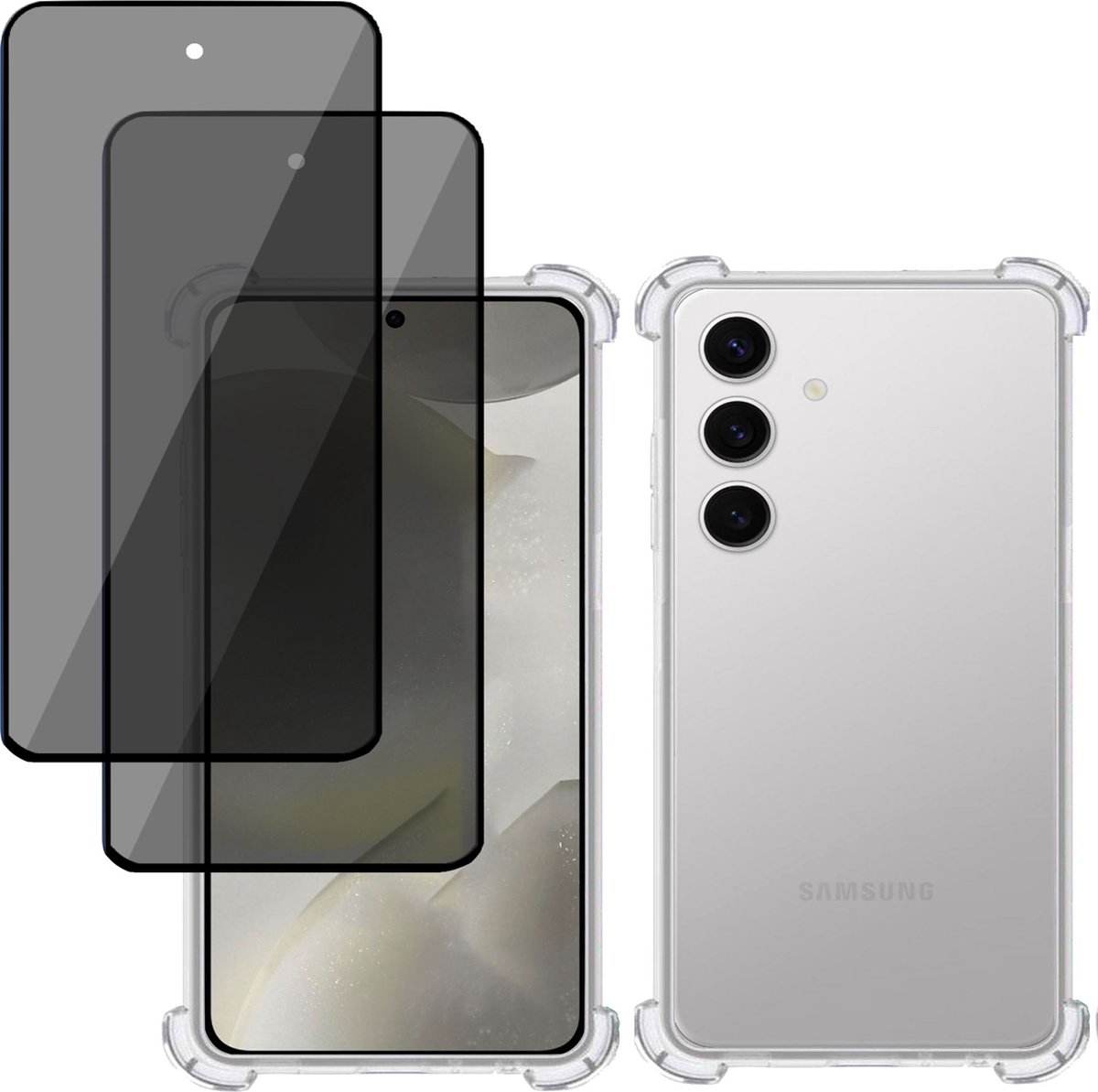 Hoesje + 2x Privé Screenprotector geschikt voor Samsung Galaxy S24 Plus – Privacy Tempered Glass - Case Transparant