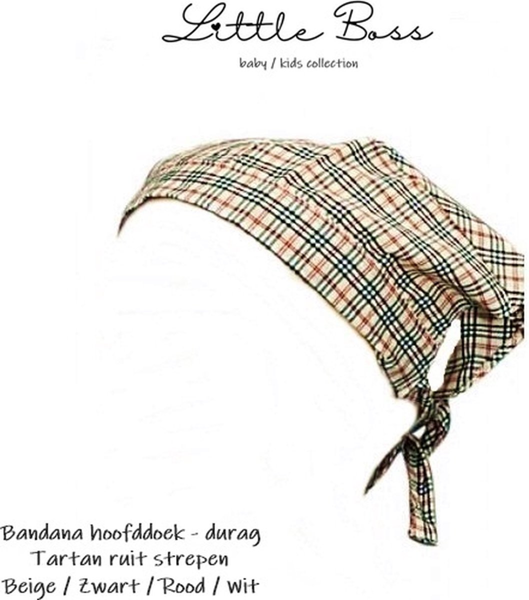 Huiscollectie - Little Boss - Bandana hoofddoek – Durag – Doo Rag - kind / baby 0-3 jaar – (ruit) strepen 2 stuks nr. 14 – zand beige / rood zwart - polyester nylon – casual feest festival