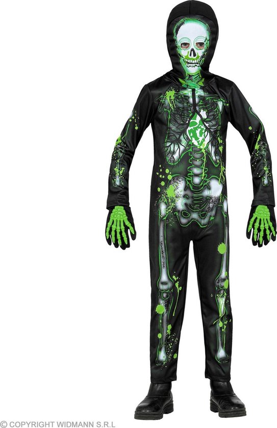 Widmann - Spook & Skelet Kostuum - Vergiftigd En Misselijk Skelet Kind Kostuum - Groen, Zwart - Maat 158 - Halloween - Verkleedkleding