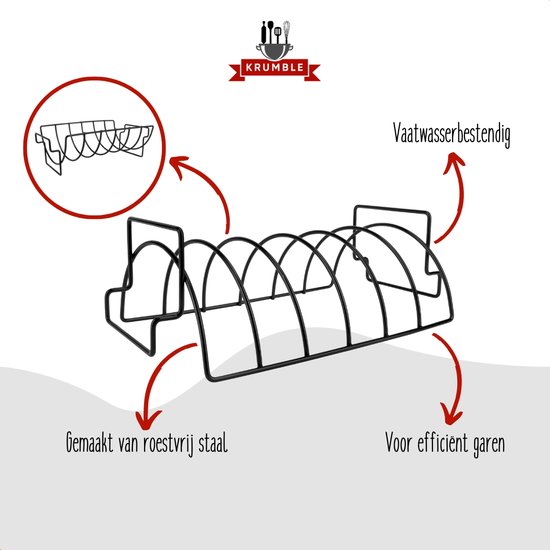 Krumble Klemrooster - BBQ Spareribs rek - Vlees en Spare Rib rek - Rib rack - Spareribs houder - Omkeerbaar - Ovenrooster - BBQ accessoires - Metaal - Zwart