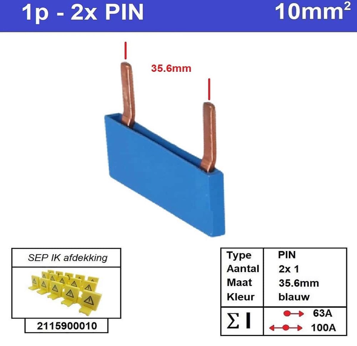 Sep kam pin 1 fase 2 polig 35,6mm blauw