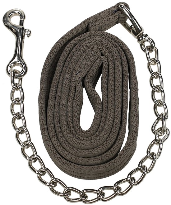 Donkergrijs halstertouw met een zilveren ketting en karabijnhaak.