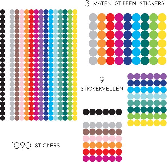 3 Maten Stippen Stickers 16 kleuren - 10 mm + 14 mm + 19 mm - Stickervellen Stippen - 1090 Stippenstickers - Ronde Etiketten Gekleurd - Planner Stickers - Markeringspunten - Kleurcodering Stickers - Bullet Journal Stickers - Gekleurde Ronde Stickers