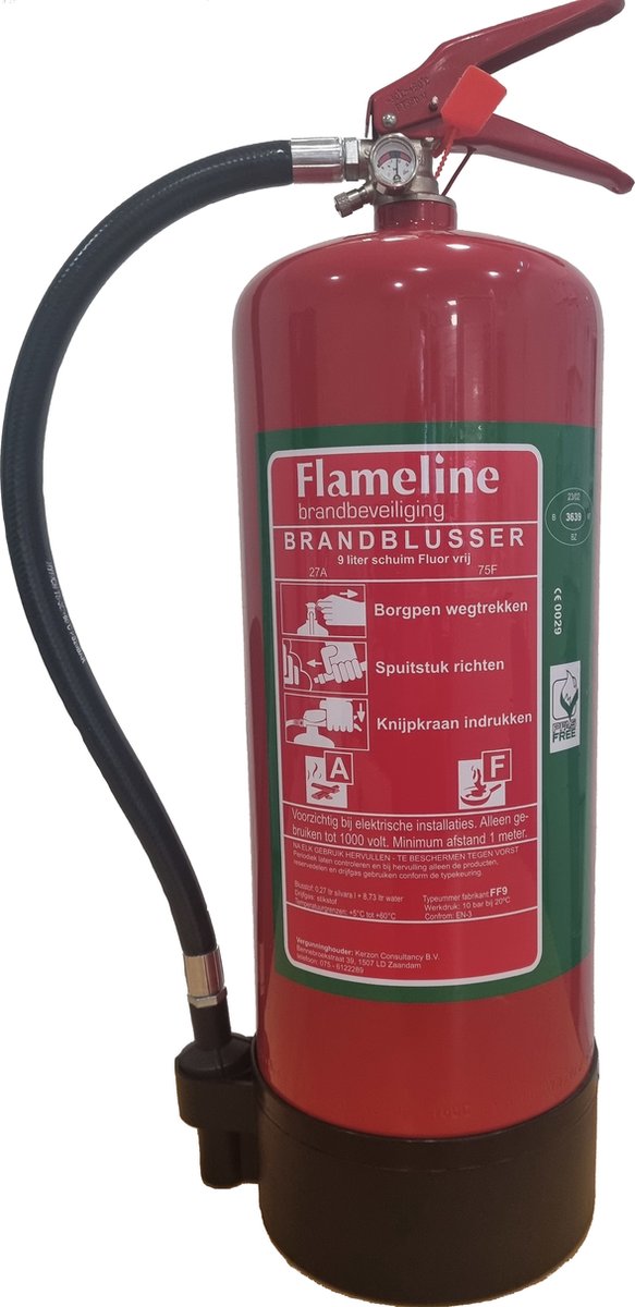 Schuimblusser 9 liter - vet brandblusser fluorvrij schuim - brandklasse ABF - Incl. wandbeugel en keuringssticker