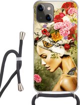 Hoesje met koord Geschikt voor iPhone 13 Mini - Vrouw - Bloemen - Kleuren - Vlinders - Rozen - Hoofddoek - Siliconen - Crossbody - Backcover met Koord - Telefoonhoesje met koord - Hoesje met touw