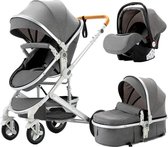 Luxe Kinderwagen 3 in 1 - Wandelwagen Baby - Kinderwagen Inclusief Autostoeltje - Buggy met Wieg - Wandelwagen - Grijs met Zilver