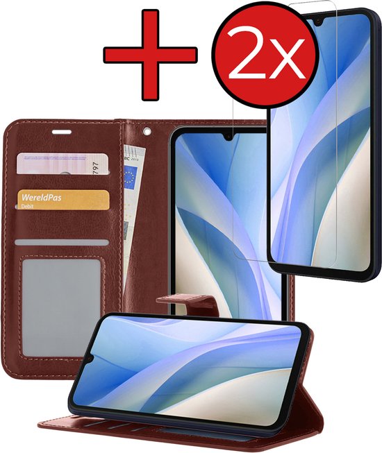 Hoesje - Met 2x Screenprotector - Geschikt voor Samsung Galaxy A15 - Luxe Pasjeshouder - Flip Case - Bookcase Portemonee - Kunstleer Book Case - Flipcase Hoes - Book Cover - Walletcase - Portemonneehoes - Telefoonhoes - Bruin