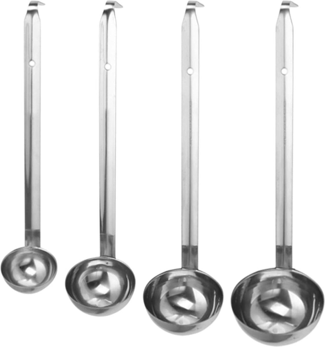4 stuks roestvrijstalen soeplepels met houder, pollepel, lange handgreep, soeplepel, keukenhulp, 1/2/3/4 oz sauslepel, gietlepel, pollepel, voor thuis, keuken, restaurant, feest