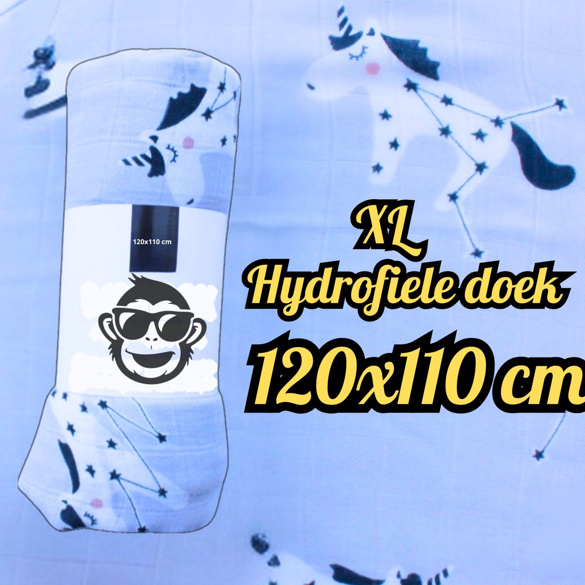 Goedkoopste BoefieBoef XL Hydrofiele Doek 120x110cm - Zachte Bamboe Swaddle, Inbakerdoek, Mousseline Doek voor Baby's en Newborns 0 tot 12 maanden - Blauw Eenhoorn - Dubbellaags, Ademend en Absorberend - Vrij van Chemicaliën - Duurzaam - Babydeken - Wit