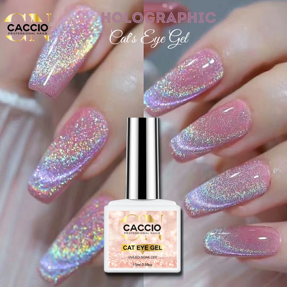 Goedkoopste CACCIO® NAILS - Holographic Cat's Eye Gel 15ml - Gelnagels - Manicure/pedicure Handen en voeten -Nagels - Nepnagels - Top Coat - UV/LED Gel nagellak - Hoge Pigment - Hoge Kwaliteit - UV/LED LAMP - Gelnagels