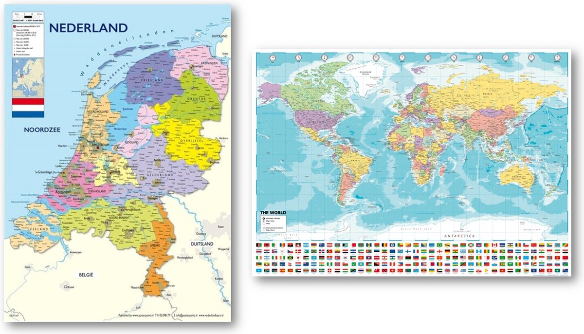Posterpoint Wereldkaart en Nederland kaart poster - Set van twee posters - Landkaarten - Formaat 50 x 70 cm blauw
