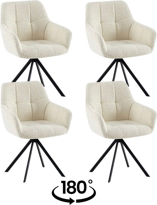 Colenis® - Chaise de salle à manger Rain - Set de 4 - Wit - Bouclé - Assise rembourrée - Pieds métal - 180° - Chaise pivotante