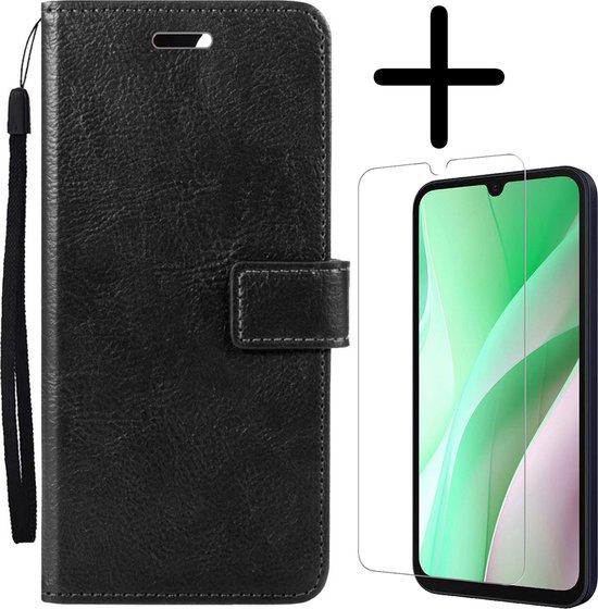 Hoesje Met Screenprotector - Geschikt voor Samsung Galaxy A15 - Luxe Pasjeshouder - Bookcase Portemonee - Flip Case - Kunstleer Book Case - Flipcase - Book Cover - Walletcase - Portemonneehoes - Zwart