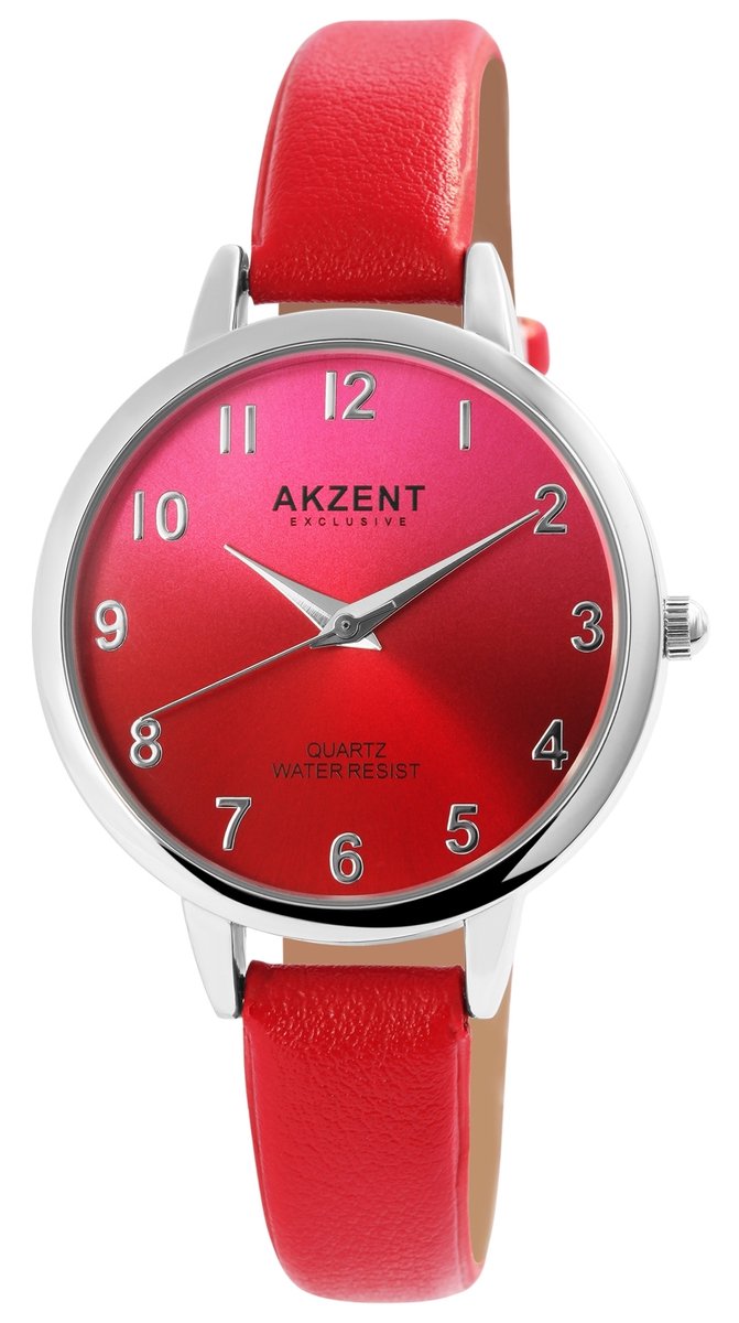 Akzent-Dames horloge-Analoog-Rond-34MM-Zilverkleurig-Rood lederen band.