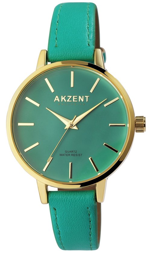 Akzent-Dames horloge-Analoog-Rond-38MM-Goudkleurig-Groen lederen band.