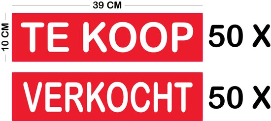 Immo Sticker rood Bubbelfree 39x10 cm 100 stuks "TE KOOP" en "VERKOCHT" assortie