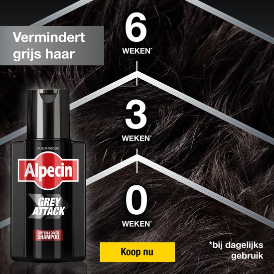 Alpecin Grey Attack shampoo vermindert grijs haar. Resultaat zichtbaar na 6 weken dagelijks gebruik.