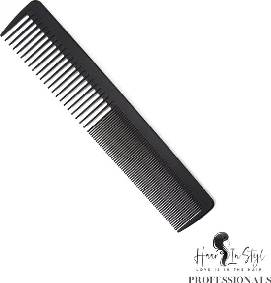 Haar in Stijl® Kam 06417 - Carbon Antistatische haarkam met een fijne en grove kant - kapperskam haartools voor kappers - carbon antistatic comb