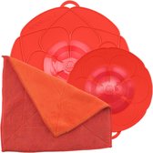 Set économique pour casseroles de 14 à 24 cm avec chiffon en microfibre en kit dans la boîte colorée, protection anti-débordement en silicone pour casseroles et poêles (rouge)