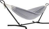 ACAZA Hangmat - Hangmat met standaard - Hangstoel - 210 x 150 cm - Verstelbaar in 5 Verschillende Hoogtes - Metalen Frame - Belastbaar tot 240 kg - Hangmat voor Tuin - Zwart Frame en Grijze Hangmat
