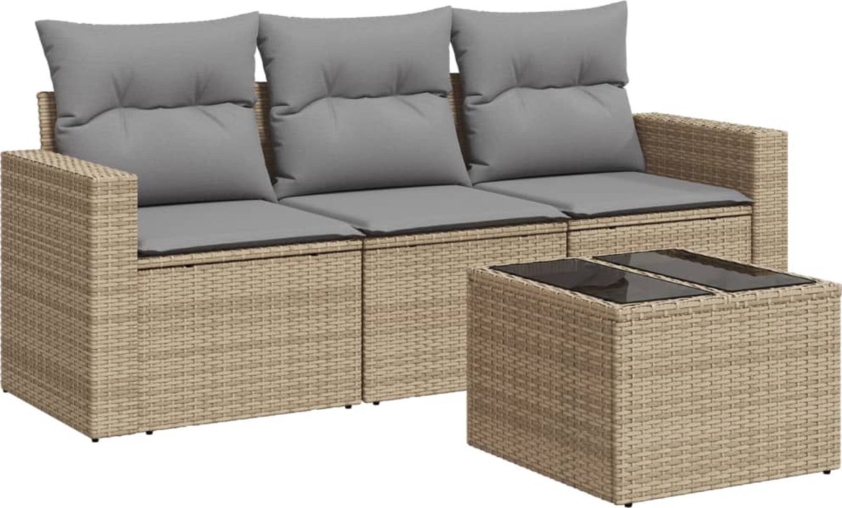 vidaXL 4-delige - Loungeset - met - kussens - poly - rattan - beige