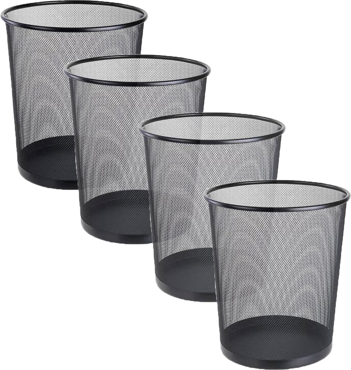 4 stuks metalen prullenbak, 12 liter, afvalemmer voor kantoor, van draadvlechtwerk voor slaapkamer, slaapzaal, klaslokaal, keuken, badkamer, zwart