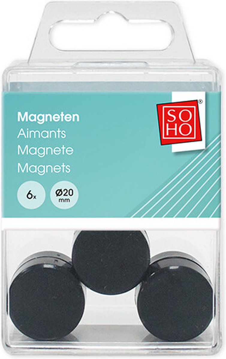 SOHO Sterke Magneten – Magneet Set - Kantoor Accessoires - Koelkast of Whiteboard Magneten – 6 stuks – 20 mm - Zwart